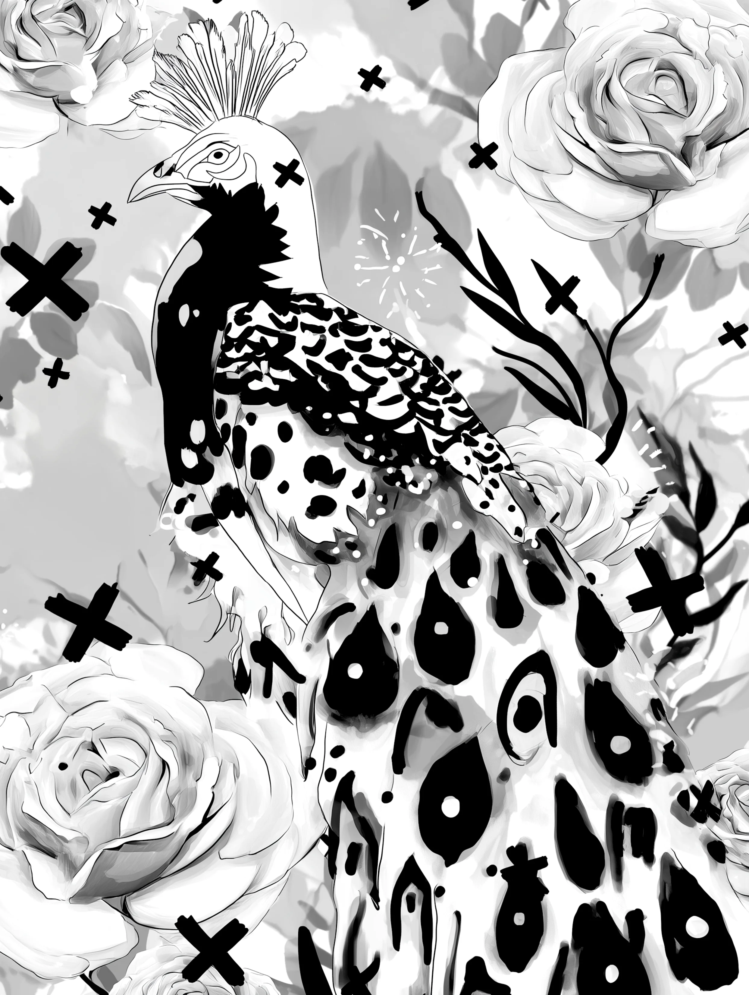 Free printable coloring page of peacock for adults featuring random x marks peacock